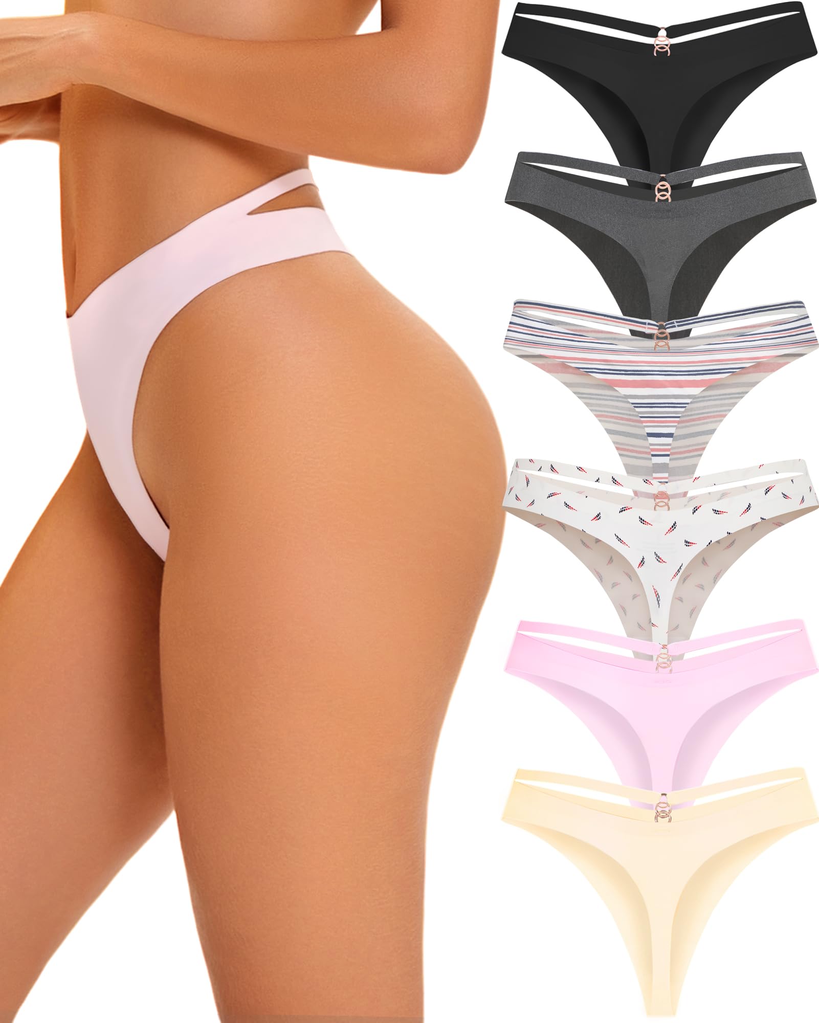 Women's Underwear Seamless Thongs 6 Pack No Show Thong Breathable Invisibles Hollow Out Sexy Panties Underwear