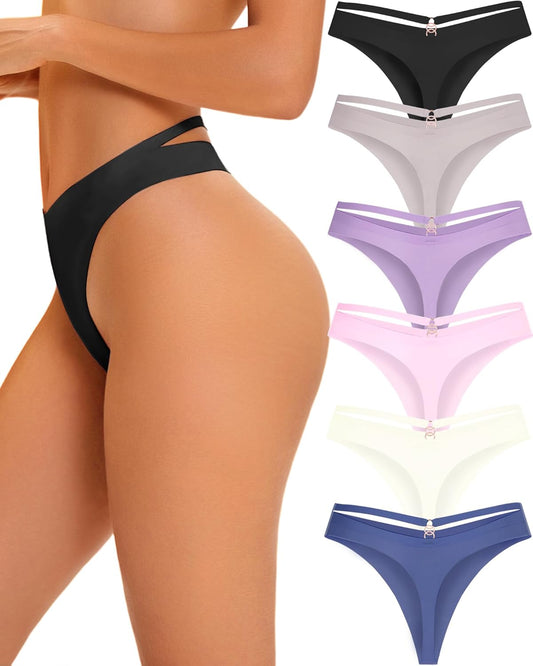 Women's Underwear Seamless Thongs 6 Pack No Show Thong Breathable Invisibles Hollow Out Sexy Panties Underwear